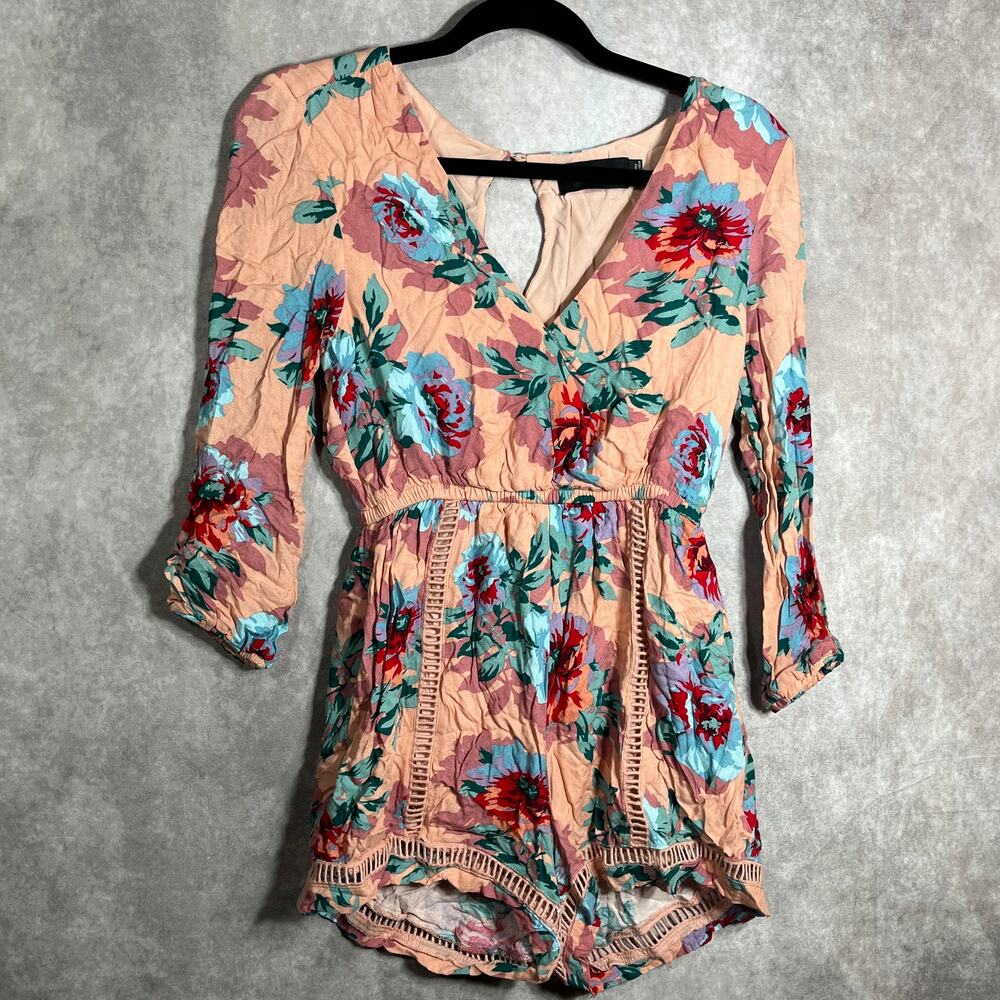 MINKPINK Parade About Playsuit Women Small Peach Floral Boho Festival 3/4 Sleeve